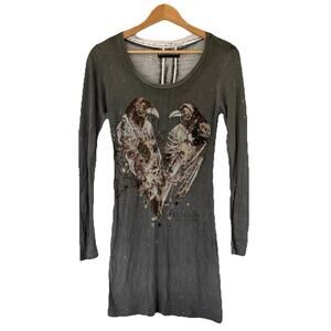 Religion London Goth Grunge Distressed Longline Tunic Top XS Graphic Bird Heart